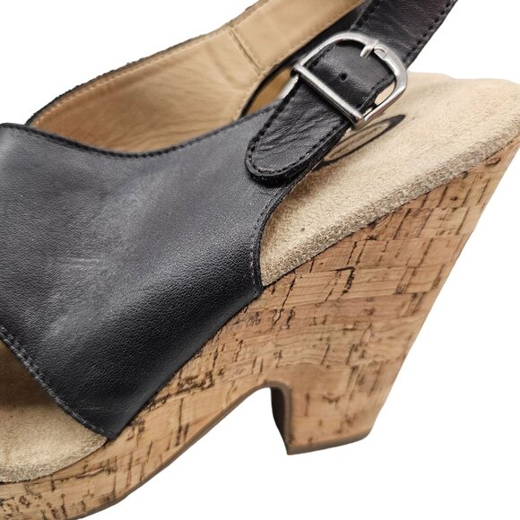 Denver Hayes Quad Comfort Women's Black Leather Cork Wedge Sandals Adjustable - Picture 4 of 9